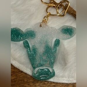 Hand Crafted blue and glittering white Cow Key Holder with leather tassel